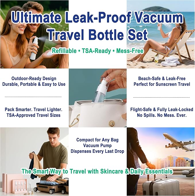 11 Pack Travel Airless Pump Bottle Set, Refillable Leakproof Toiletry Containers with Vacuum Bottles, Cream Jars, Funnel, Dropper, Label Stickers and Waterproof Zipper Bag, TSA Approved