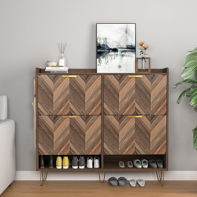 Vibe & Dine 4 Flip Drawer Shoe Cabinet, Mid Century Modern Shoe Organizer with Bottom Cubby, Hidden Shoe Cabinet with 2 Hooks, Freestanding Narrow Slim Shoe Rack Cabinet for Entryway, Foyer, Hallway