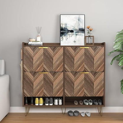Vibe & Dine 4 Flip Drawer Shoe Cabinet, Mid Century Modern Shoe Organizer with Bottom Cubby, Hidden Shoe Cabinet with 2 Hooks, Freestanding Narrow Slim Shoe Rack Cabinet for Entryway, Foyer, Hallway