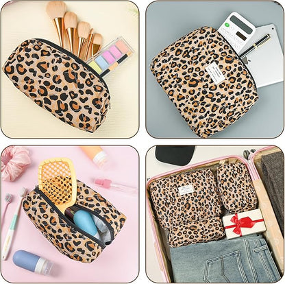 Quilted Makeup Bag Set,3 Pcs Puffy Cosmetic Bags Aesthetic Make Up Bags,Small Zipper Pouch,Travel Toiletry Bag Purse Organizer Pouches for Women (Leopard-Print)