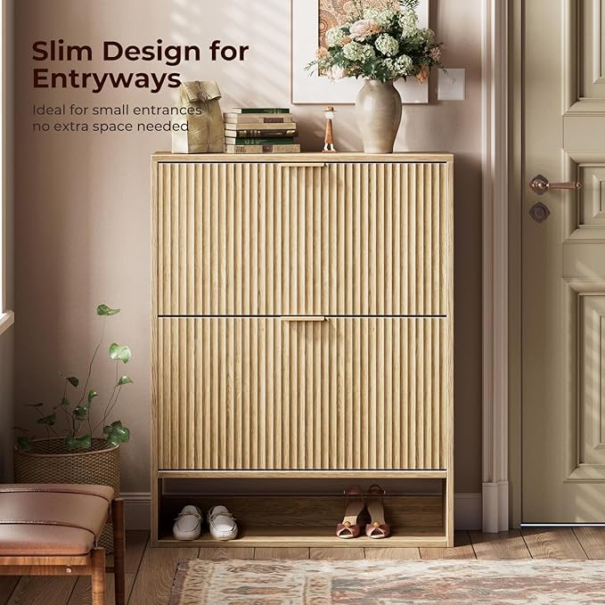 Evermagin 31.5''W Oak Shoe Cabinet Storage for Entryway, Fluted Slim Shoe Dresser with 2 Flip Drawers, Narrow Shoe Rack Cabinet, Hidden Shoe Organizer Cabinet for Entrance, Hallway