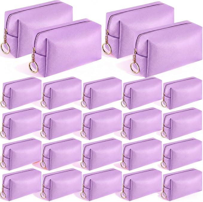 Chunful 24 Pcs Preppy Makeup Bag PU Leather Cosmetic Bag Bulk Makeup Plain Pouch Waterproof Toiletry Purse for Women Traveling Preppy Pencil Case Travel Purse Cosmetic (Light Purple)