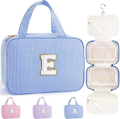 TOPEAST Teen Girl Gifts Trendy Stuff - Birthday Gifts for 7 8 9 10 11 12 13 14 15 16 17 18 Year Old Teen Girls, Hanging Toiletry Bag Initial Makeup Bag - Letter E, Blue