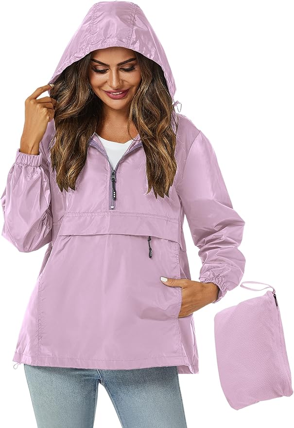 Avoogue Womens Rain Jacket with Hood,Pullover,Packable,Lightweight,Windbreaker,Waterproof,Breathable.