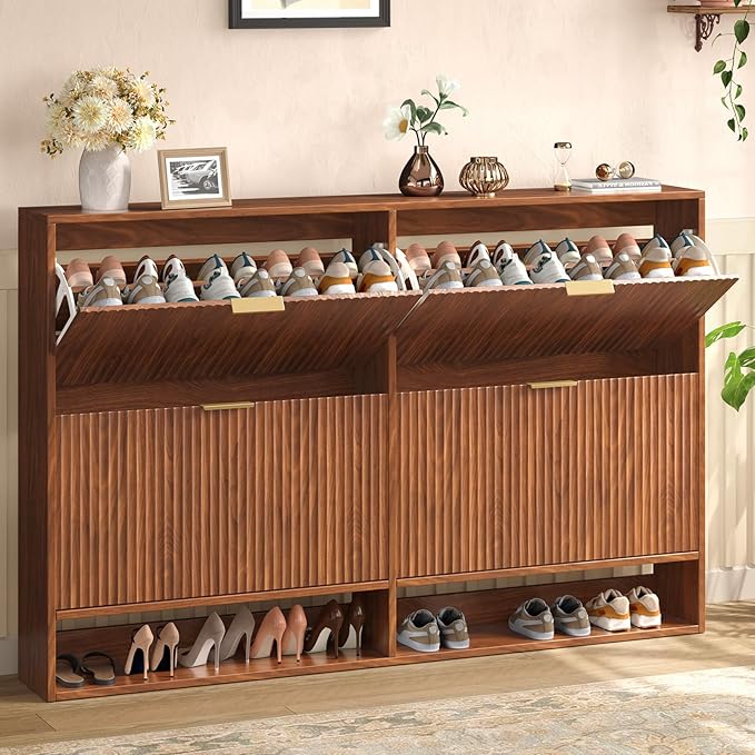 47.2''W Walnut Shoe Storage Cabinet for Entryway with 4 Flip Drawers, Fluted Slim Shoe Cabinet, Free Standing Wooden Shoes Organizer for Foyer, Hallway