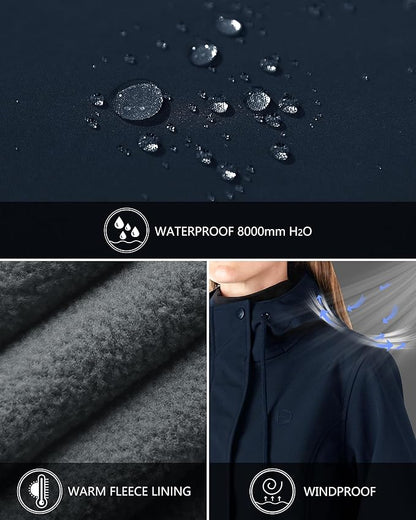 Outdoor Ventures Women's Lightweight Waterproof Fleece Lined Hooded Softshell Rain Jacket, Warm Windbreaker Long Coat