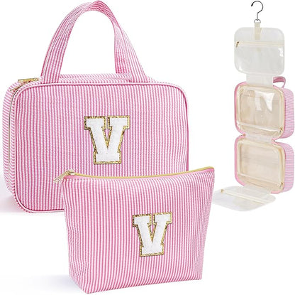 YOOLIFE Travel Toiletry Bag for Women - Hanging Toiletry Bag Makeup Bag, Portable Toiletries Cosmetic Bag, Airplane Travel Essentials - Letter V, Pink