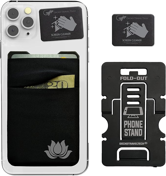 Gecko Travel Tech Double Pocket - Adhesive Card Holder - Cell Phone Pouch - Stick on Spandex Pocket - Carry Credit Cards and Cash (Lotus)
