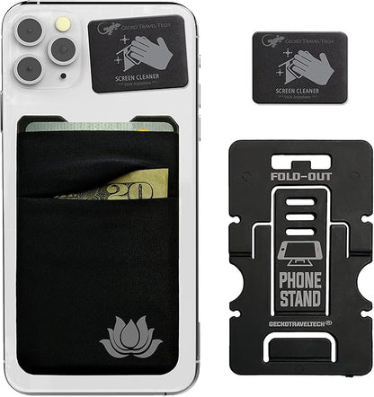 Gecko Travel Tech Double Pocket - Adhesive Card Holder - Cell Phone Pouch - Stick on Spandex Pocket - Carry Credit Cards and Cash (Lotus)