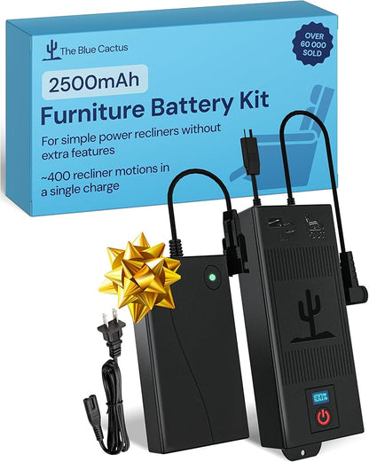 The Blue Cactus 2500mAh Furniture Battery Kit - Battery, Power Transformer, Power Cord - 2-Pin Furniture Connector - with LCD Display for Simple Recliner Chairs
