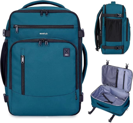 ECOHUB 17" Small Travel Backpack, United Airlines Personal Item Bag 17x10x9 with 16 Pockets, Water Resistant Rucksacks Fit 15.6" Laptop, AirTag Pocket, Lightweight Casual Daypack, 25L, Blue Green