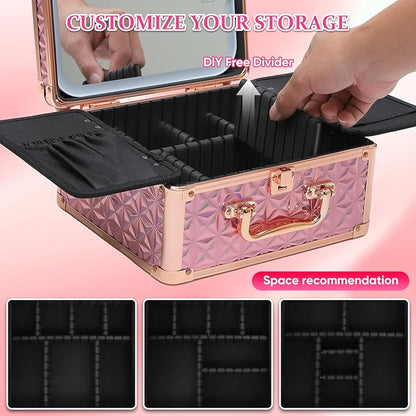 Makeup Box with Detachable Lighted Mirror–Travel Train Case, Cosmetic Storage Organizer & Makeup Suitcase with Adjustable Dividers & Magnetic LED Mirror (Pink)