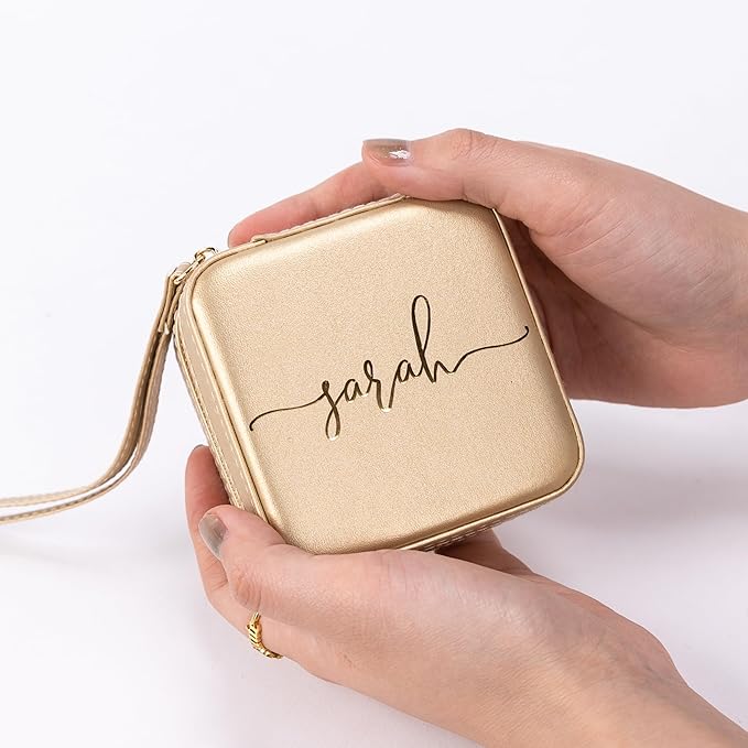 Angelina's Palace Personalized Jewelry Case with Name Engraved,Custom Leather Travel Jewelry Organizer Box for Rings,Earrings,Necklaces,Birthday Bridesmaid Gift For Women