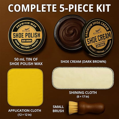 Eagle Shoe Shine Kit – 5-Piece Leather Shoe Polish & Cream Set with Brush & Cloths