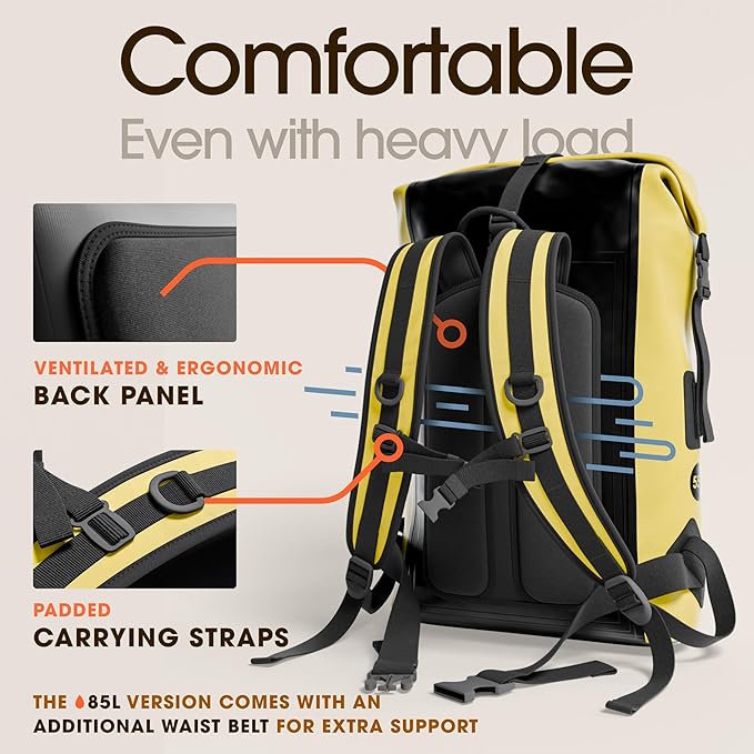 Earth Pak Waterproof Backpack - Heavy Duty Roll-Top Closure with Easy Access Front-Zippered Pocket and Cushioned Padded Back Panel for Comfort with IPX8 Waterproof Phone Case, Yellow, 85L, Messenger