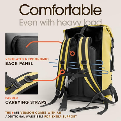 Earth Pak Waterproof Backpack - Heavy Duty Roll-Top Closure with Easy Access Front-Zippered Pocket and Cushioned Padded Back Panel for Comfort with IPX8 Waterproof Phone Case, Yellow, 85L, Messenger