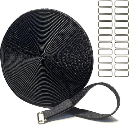 0.8in-32ft Hook and Loop Cable Straps with 50 Metal Buckles, Adjustable Fastening Straps, Reusable Free Cut Length Cord Straps