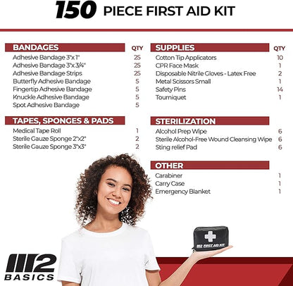 M2 BASICS Premium 150-Piece Mini Emergency First Aid Kit for Car, Backpack, Travel & Outdoors – Compact Medical Supplies for Camping, Hiking & Home