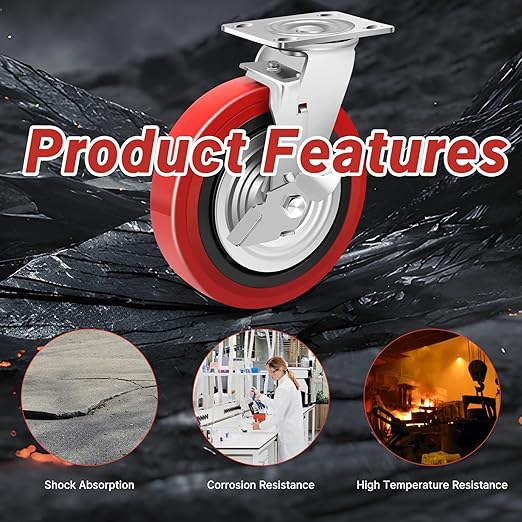 Nefish 8 Inch Heavy Duty Casters Wheels, Industrial Grade Polyurethane Casters Set of 4 with Dual Ball Bearing, Solid Polyurethane Wheel 6000 Lb, Plate Swivel Casters for Cart, Industrial, Machine