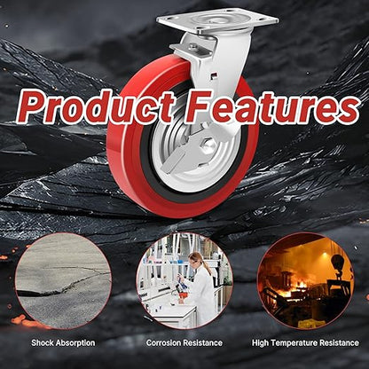 Nefish 8 Inch Heavy Duty Casters Wheels, Industrial Grade Polyurethane Casters Set of 4 with Dual Ball Bearing, Solid Polyurethane Wheel 6000 Lb, Plate Swivel Casters for Cart, Industrial, Machine