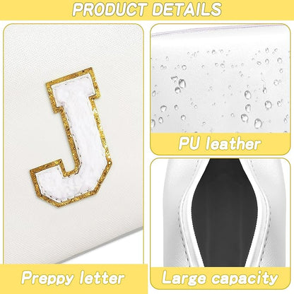 Gifts for Girls Initial Makeup Bag Personalized Cosmetic Bag with Zipper Cute Travel Toiletry Bags Waterproof PU Preppy Makeup Pouch Birthday Gift for Teen Girls Women(White J)