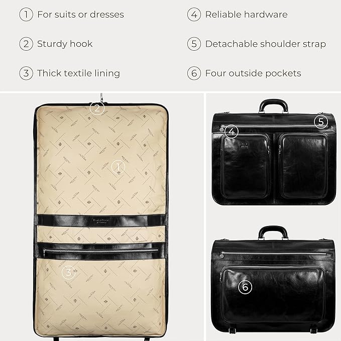 Time Resistance Leather Garment Bag - Slim Suit Duffel Carry-On Suitcase for Dress Protection (Black)