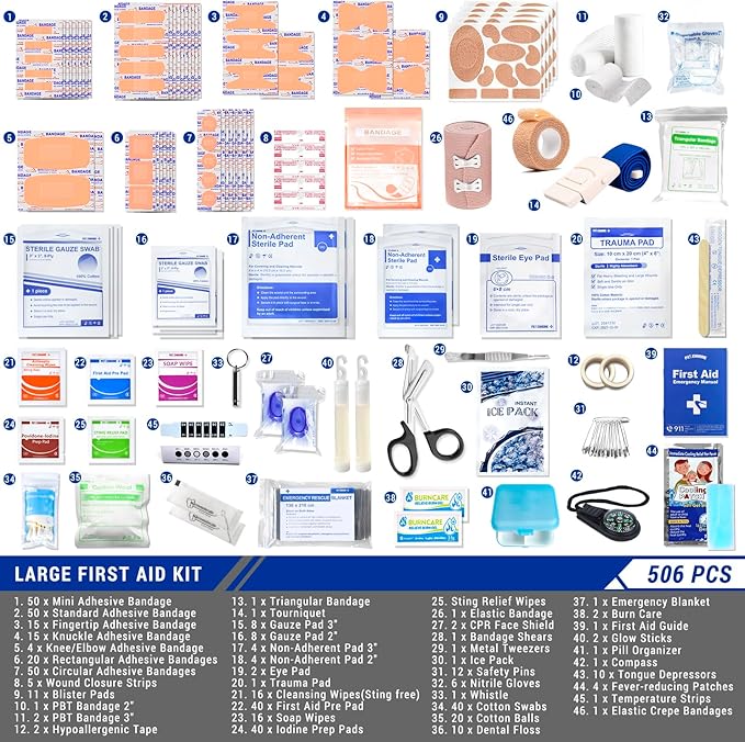 Professional 506 PCS First Aid Kit – 4-in-1 Detachable Emergency Medical Kit for Home, Car, Travel, Camping, Hiking, Workplace, Vehicle and Outdoor, Large First Aid Kit Survival