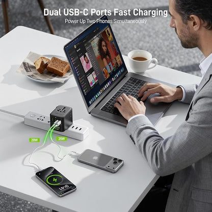 Epicka Pulse Duo 45W International Power Adapter, Universal Travel Adapter with 6-Port (2 AC/2 USB-A/2 USB-C), European Travel Plug Adapter with PD & QC 3.0 Fast Charging, Travel Essentials (Black)