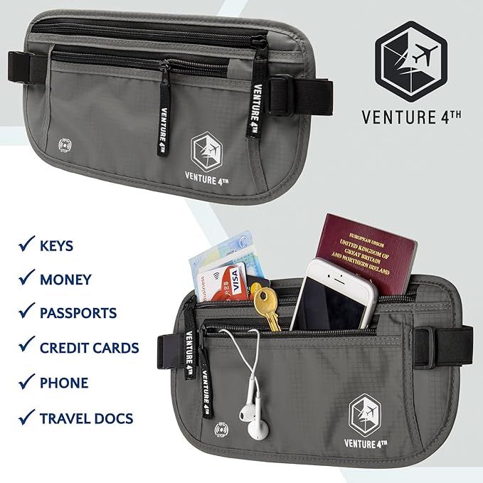 VENTURE 4TH Money Belt for Travel – Hidden Under-Clothes RFID Blocking Passport Holder & Slim Travel Wallet Pouch for Men & Women to Protect Cash, Cards & Documents (Gray)