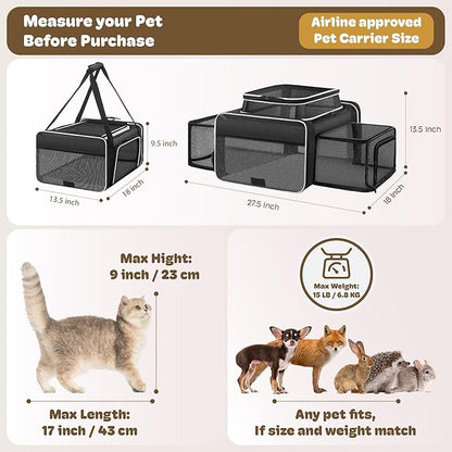 Top and 2 Sides Expandable Large Cat Carrier 18x13.5x9.5, TSA Airline Approved Dog Carriers for Large Dogs, Soft-Sided Pet Carrier with Self-Locking Zippers for Kitten,Rabbit,Puppy, Black White