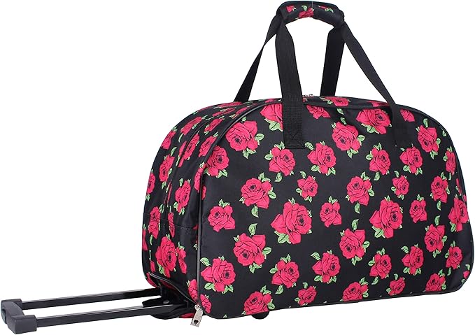 Betsey Johnson Designer Carry On Luggage Collection - Lightweight Pattern 22 Inch Duffel Bag- Weekender Overnight Business Travel Suitcase with 2- Rolling Wheels (Covered Roses)