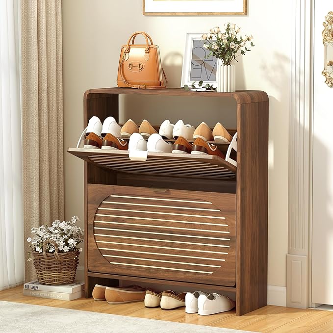 Mid-century Shoe Storage Cabinet with 2 Flip Drawer Arched Fluted Pattern, Farmhouse Slim Curved Corner Wood Shoe Cabinet, Hidden Narrow Shoe Organizer for Entryway,Living Room (Walnut,with Divider)