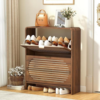 Mid-century Shoe Storage Cabinet with 2 Flip Drawer Arched Fluted Pattern, Farmhouse Slim Curved Corner Wood Shoe Cabinet, Hidden Narrow Shoe Organizer for Entryway,Living Room (Walnut,with Divider)