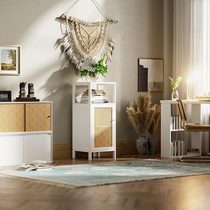 HITNET Bamboo Cabinet, Bathroom Storage Cabinet with Rattan Doors, Narrow Side Storage Organizer Freestanding Floor Cupboard for Small Space, White