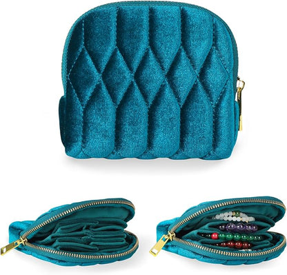 Small Travel Jewelry Case, Mini Travel Jewelry Bag with Zipper, 5-Layer Velvet Organizer Pouch for Bracelet Rings Earrings - Diamond Stitched Velvet Teal Blue