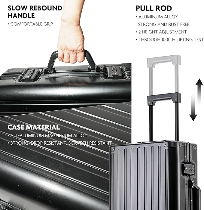 All Aluminum Carry On Luggage 22x14x9 Airline Approved Hard Shell Carry On Luggage Zipperless Luggage Metal 20inch Suitcase Luggage, Black