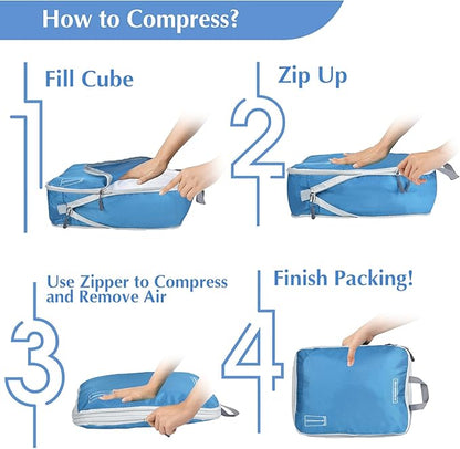 8 Set Expandable Compression Packing Cubes for Suitcases Travel Essentials Carry On Waterproof Storage Bag With Dry And Wet Separation Blue