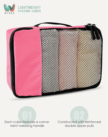 4-Piece Packing Cubes Travel Accessories Set for Suitcases - Luggage Organizer Bags with Double Zipper - Mesh Top - Medium - Pink