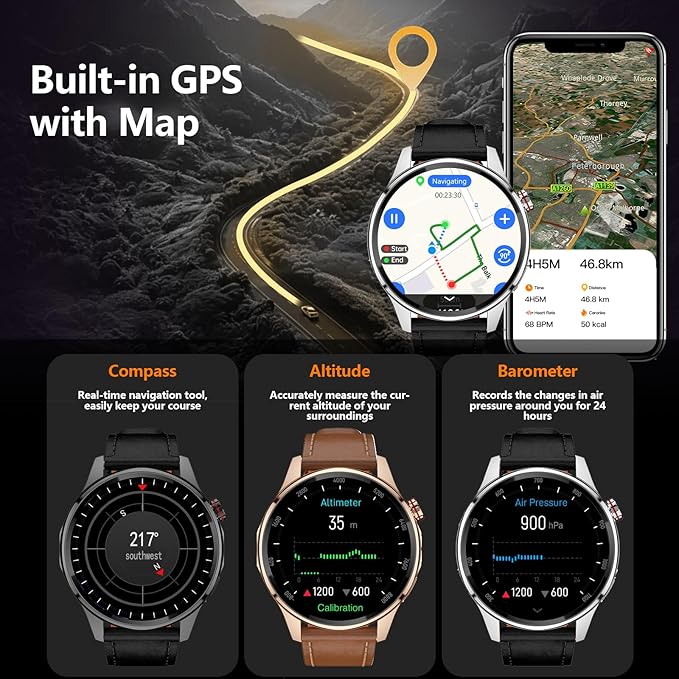 Smart Watch for Men Built-in GPS with Map(Answer/Make Call/Text), 1.46" AI Smartwatch for Android Phones/iPhone, 100+ Sport Mode Fitness Tracker with Health/Sleep Monitor, Compass/Barometer(2 Straps)