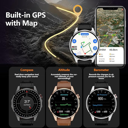 Smart Watch for Men Built-in GPS with Map(Answer/Make Call/Text), 1.46" AI Smartwatch for Android Phones/iPhone, 100+ Sport Mode Fitness Tracker with Health/Sleep Monitor, Compass/Barometer(2 Straps)