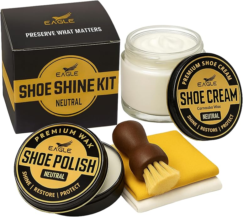Eagle Shoe Shine Kit – 5-Piece Leather Shoe Polish & Cream Set with Brush & Cloths