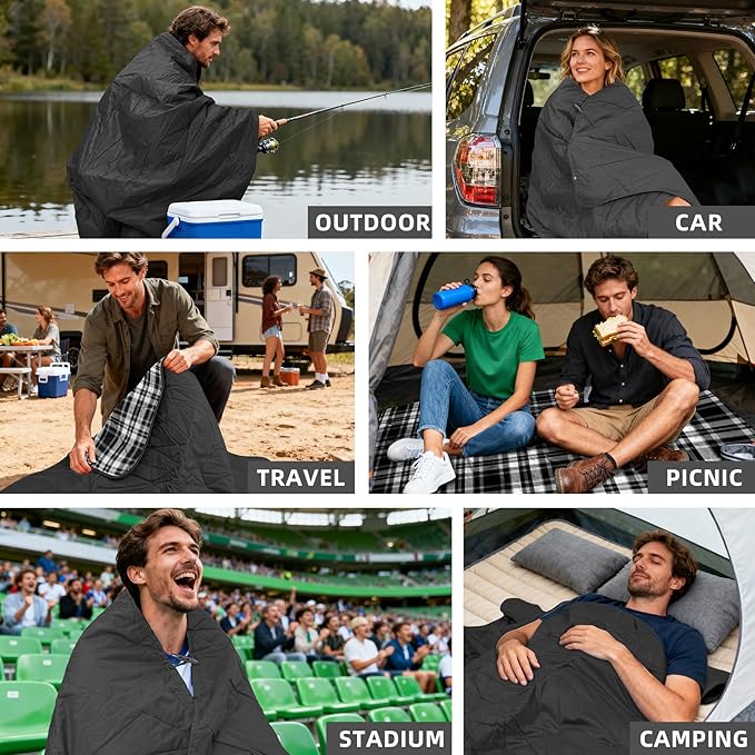 Outdoor Waterproof Blanket, Foldable Fleece Stadium Blanket for Outdoor Sports Event, Camping, Concerts, Car, Pet, Picnics - Windproof, Wearable, Machine Washable 80" x 58" (Black Check)