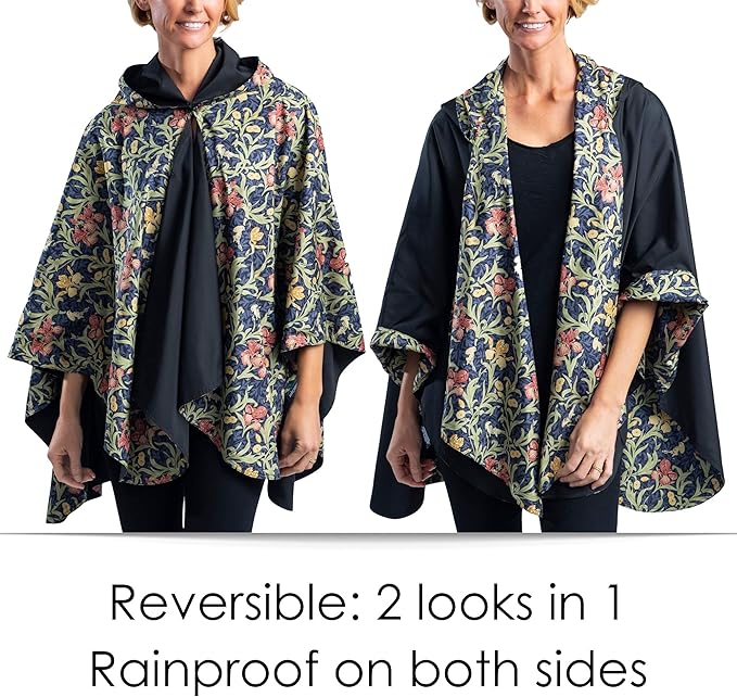 RainCaper Rain Poncho for Women - Reversible Rainproof Hooded Cape in Gorgeous Ultrasoft Colors (Black/Wm Morris Gold Flowers)