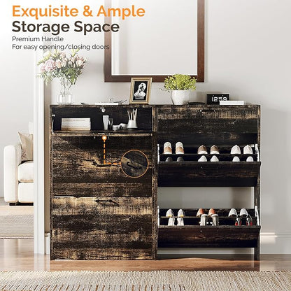 VINGLI Shoe Cabinet Storage for Entryway Ultra Slim with 2 Flip &1Drop-Down Drawers, 24.8" W Narrow Shoe Cabinet for Front Door Entrance,Freestanding Dark Rustic Oak Wood Shoes Organizer for Hallway