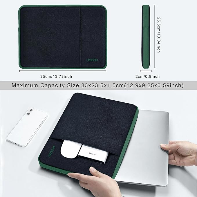 Slim Laptop Case 13.3 14 inch Sleeve, Rainproof & Shockproof Carrying Case for Notebooks Compatible with MacBook Pro 14" and All Models 13.3" MacBook Air/Pro, Most Popular 13"-14" PC,Black-Green