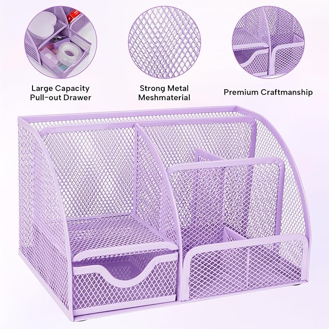 Desk Organizers and Accessories, Office Supplies 15PS Set with Stapler, Staple Remover, Pen Holder, Clips Set, Tape Dispenser, Tape, Phone Holder, 1000 Staples, Ruler, Scissors (Purple)