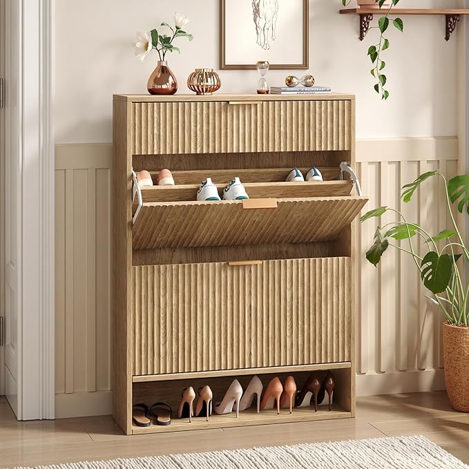 31.5''W Oak Shoe Storage Cabinet for Entryway with Drawers, Fluted Slim Shoe Cabinet with 2 Flip Drawers, Narrow Shoe Dresser Cabinet for Foyer, Hallway