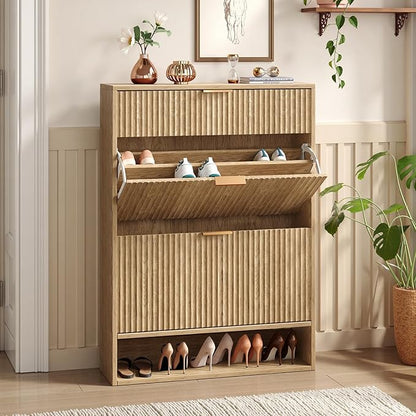 31.5''W Oak Shoe Storage Cabinet for Entryway with Drawers, Fluted Slim Shoe Cabinet with 2 Flip Drawers, Narrow Shoe Dresser Cabinet for Foyer, Hallway