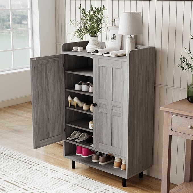 Entrance Shoe Cabinet with Doors,6-Tier Farmhouse Shoe Storage Organizer with Adjustable Shelves Holds 18-28 Pairs and Metal Legs, Entry Organizer Entryway, Living Room (Grey)