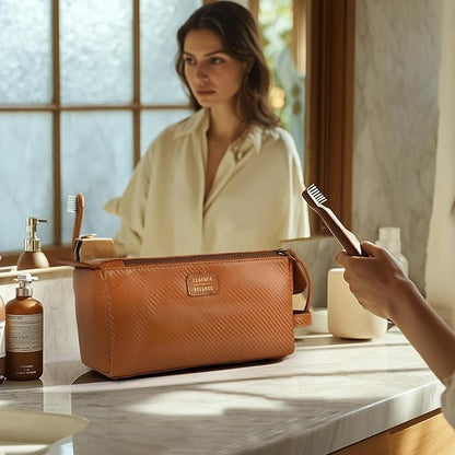 LEATHER VILLAGE Premium Carbon Fiber Genuine Leather Travel Toiletry Bag - Large Dopp Kit, Water-Resistance Bathroom Kit & Shaving Organizer for Men & Women - Tan